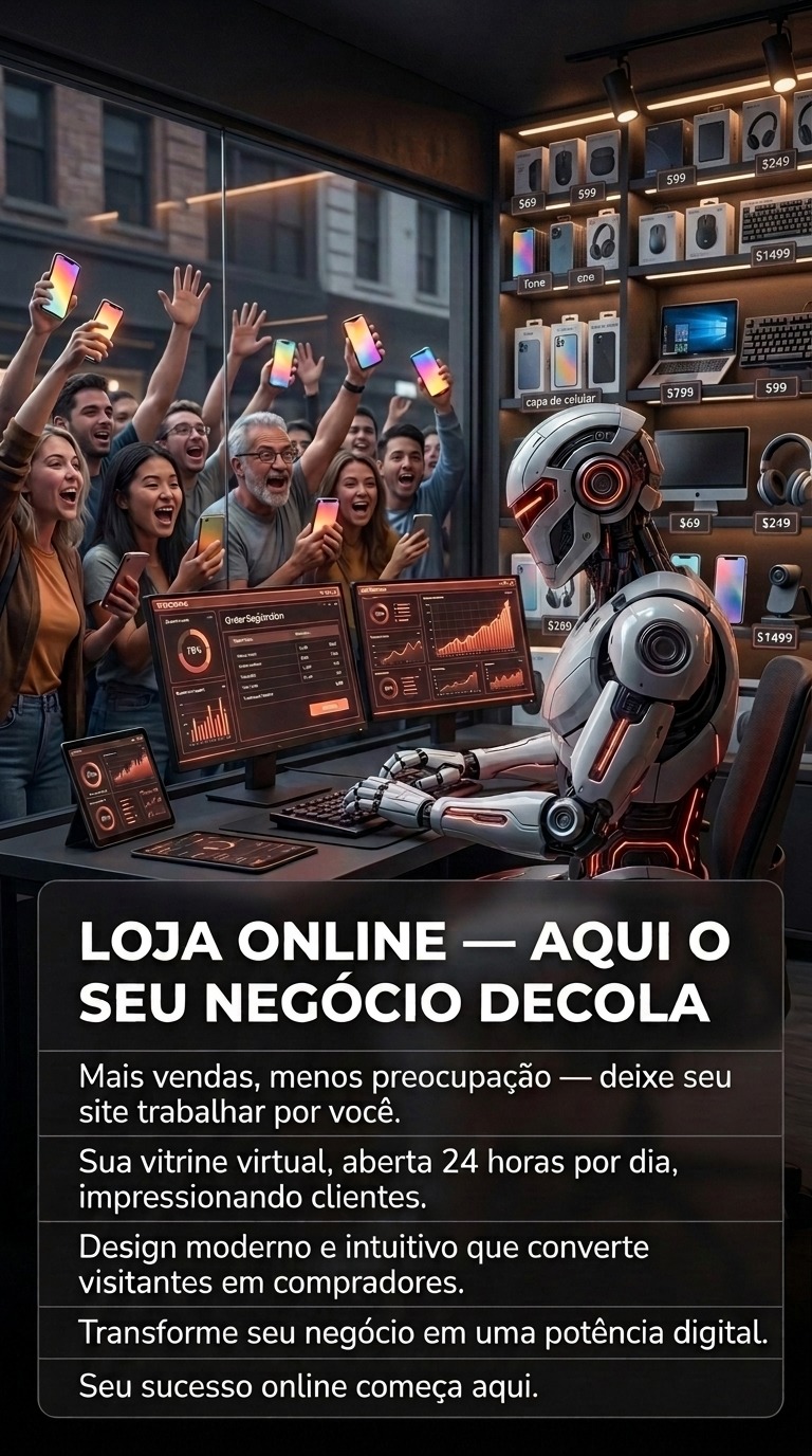 Loja online: robô de IA vendendo, clientes comemorando — aqui o seu negócio decola